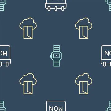 Set line Calendar, Cloud database and Wrist watch on seamless pattern. Vector Stock Illustration