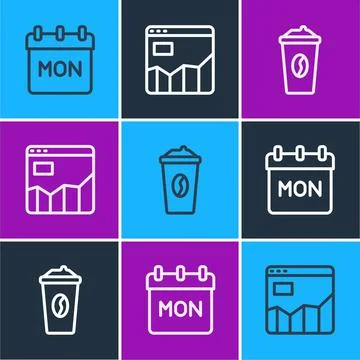 Set line Calendar, Coffee cup to go and Graph chart infographic icon. Vector Illustrazione stock