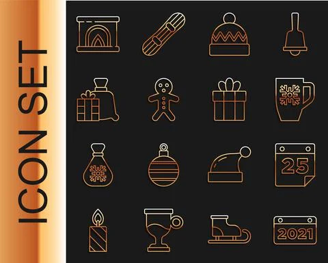 Set line Calendar, Coffee cup with snowflake, Winter hat, Holiday gingerbread Stock Illustration