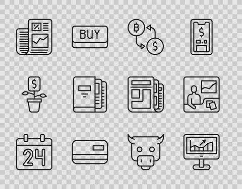 Set line Calendar, Computer with growth graph, Cryptocurrency exchange, Credit Stock-Illustration