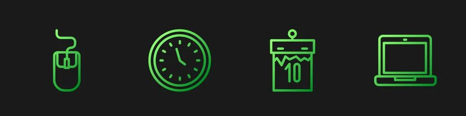 Set line Calendar, Computer mouse, Clock and Laptop. Gradient color icons Stock Illustration
