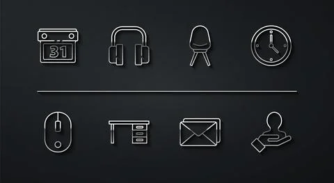 Set line Calendar, Computer mouse, Clock, Envelope, Office desk, Headphones Stock Illustration