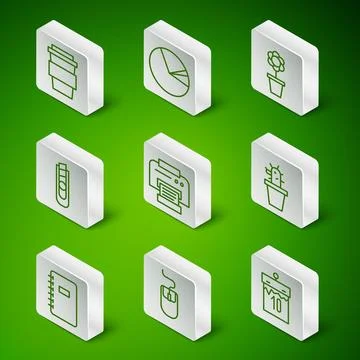 Set line Calendar, Computer mouse, Coffee cup to go, Printer, Stationery kn.. Stock Illustration