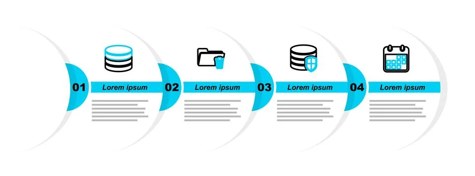Set line Calendar, Database protection, Delete folder and  icon. Vector Illustrazione stock