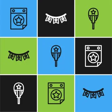 Set line Calendar with date July 4, Balloons and Carnival garland flags icon Stock Illustration