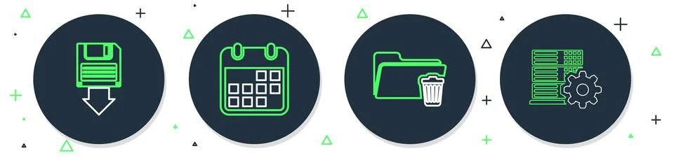 Set line Calendar, Delete folder, Floppy disk backup and Server setting icon. Stock Illustration