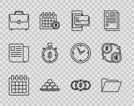 Set line Calendar, Document folder, Mobile phone and credit card, Gold bars Stock Illustration