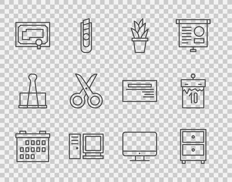 Set line Calendar, Drawer with documents, Plant in pot, Computer monitor Stock Illustration