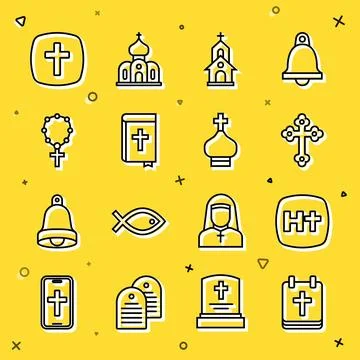 Set line Calendar with Easter, Christian cross, Church building, Holy bible.. Stock Illustration