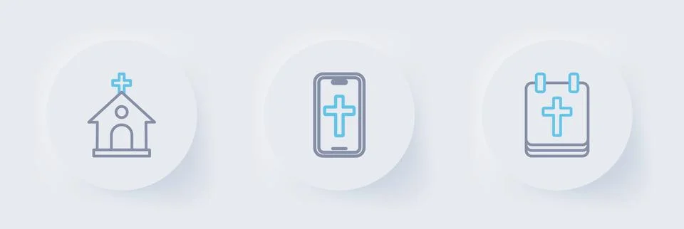 Set line Calendar with Easter, Christian cross on phone and Church building.. Stockillustratie