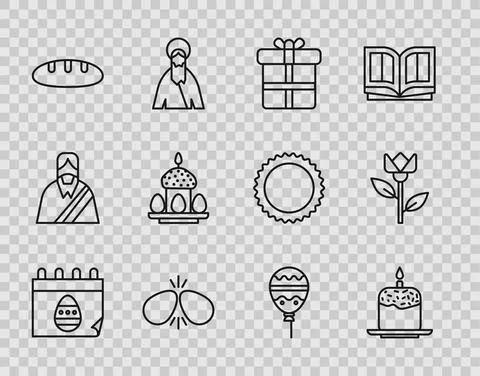 Set line Calendar with Easter egg, cake and candle, Gift box, eggs, Bread loaf 스톡 일러스트