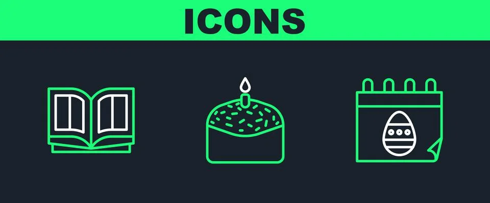 Set line Calendar with Easter egg, Holy bible book and cake and candle icon 스톡 일러스트