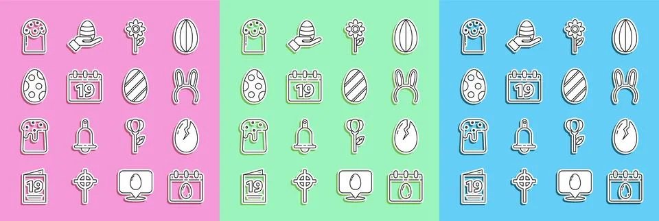 Set line Calendar with Easter egg, Broken, Mask long bunny ears, Flower, Happy Illustrazione stock