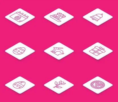 Set line Calendar with Easter egg, cake and eggs, Ringing bell, rabbit, Gift box 스톡 일러스트