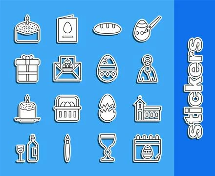 Set line Calendar with Easter egg, Church building, Jesus Christ, Bread loa.. Stock Illustration