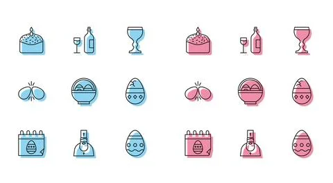 Set line Calendar with Easter egg, Priest, cake and candle, Basket easter e.. Stock Illustration