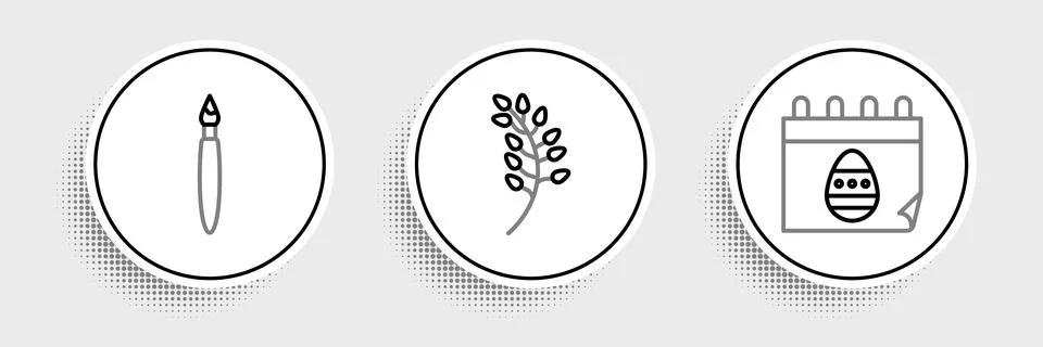 Set line Calendar with Easter egg, Paint brush and Willow leaf icon. Vector Stock Illustration