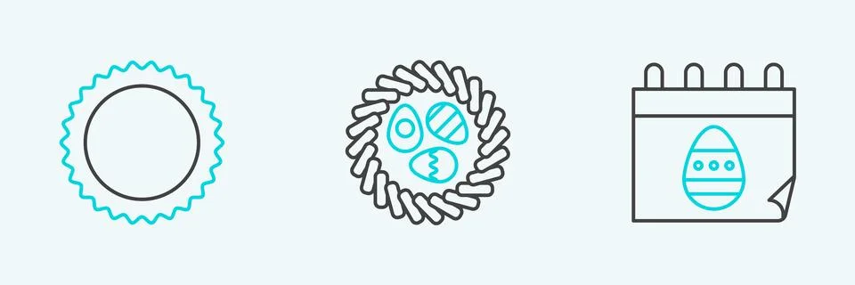 Set line Calendar with Easter egg, Sun and in wicker nest icon. Vector Stockillustratie