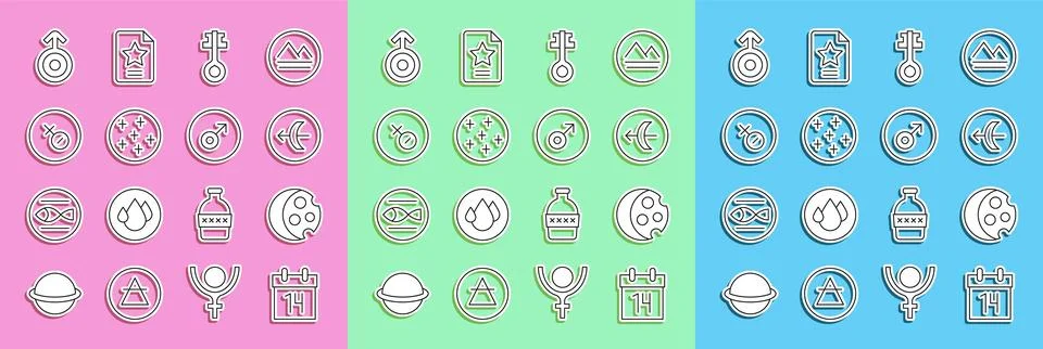 Set line Calendar, Eclipse of the sun, Sagittarius zodiac, Old magic key, F.. Illustrazione stock