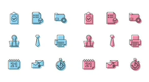 Set line Calendar, Envelope, Completed task, Briefcase, Tie, Printer, Binde.. Illustrazione stock