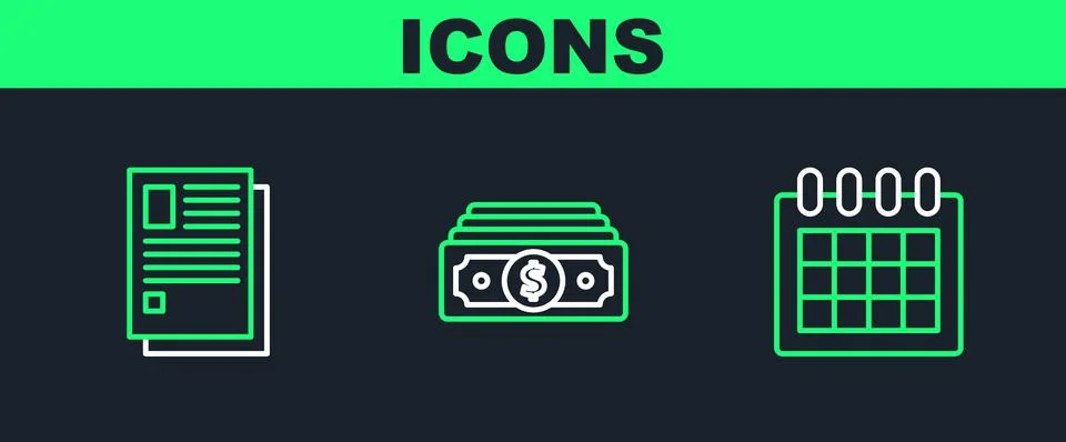 Set line Calendar, File document and Stacks paper money cash icon. Vector Stock Illustration