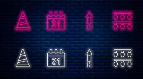Set line Calendar, Firework rocket, Party hat and Christmas lights. Glowing neon Illustrazione stock
