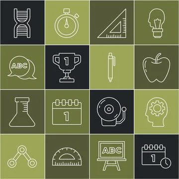 Set line Calendar first september date, Head with gear inside, Apple, Trian.. Stock Illustration
