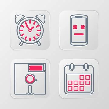 Set line Calendar, Floppy disk in the 5.25-inch, Dead mobile and Alarm cloc.. Stock Illustration