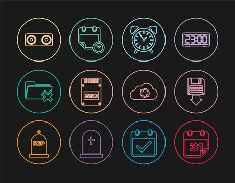 Set line Calendar, Floppy disk backup, Alarm clock, SSD card, Delete folder.. Stock Illustration