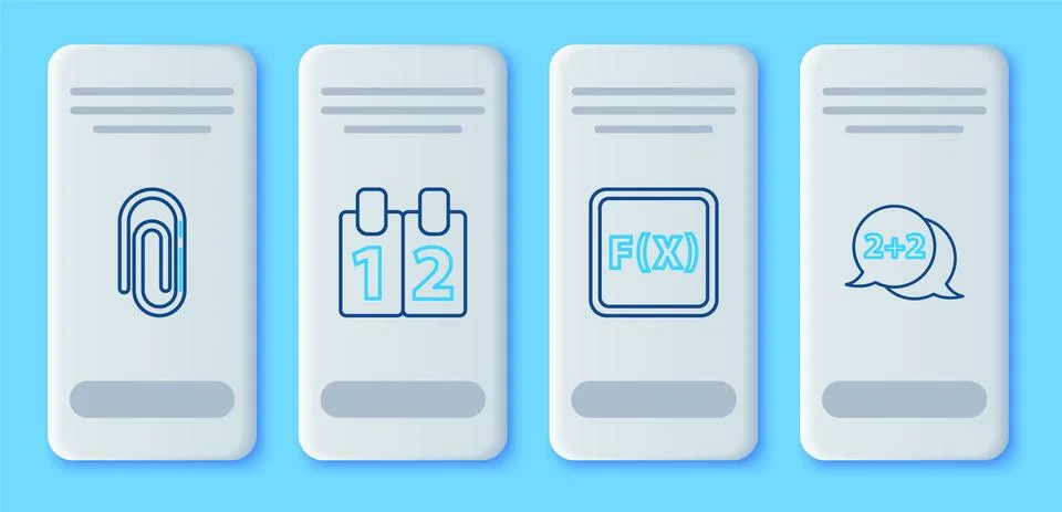 Set line Calendar, Function mathematical symbol, Paper clip and Equation Illustrazione stock