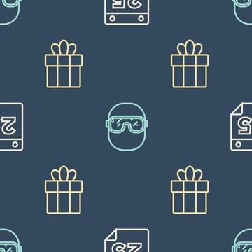 Set line Calendar, Gift box and Ski goggles on seamless pattern. Vector Illustrazione stock