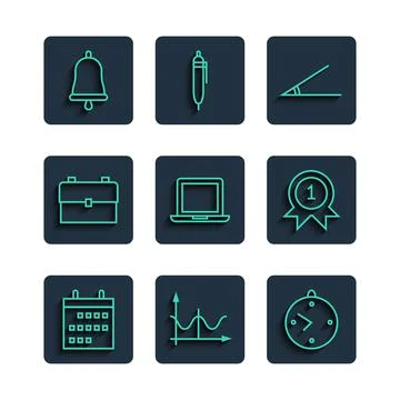 Set line Calendar, Graph, schedule, chart, diagram, Clock, Acute angle, Laptop Illustrazione stock