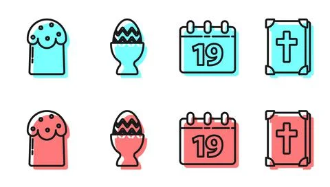 Set line Calendar with Happy Easter, Easter cake, Easter egg on a stand and Holy 스톡 일러스트