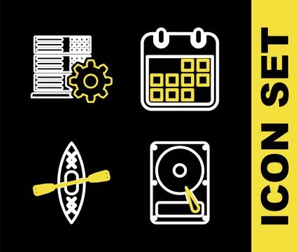 Set line Calendar, Hard disk drive HDD, Kayak and paddle and Server setting icon Stock-Illustration