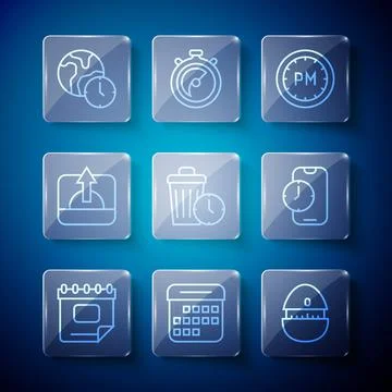 Set line Calendar, Kitchen timer, Day, Waste of, Sunrise, World and Alarm clock Stock Illustration