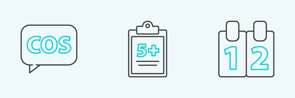 Set line Calendar, Mathematics function cosine and Test or exam sheet icon Illustrazione stock