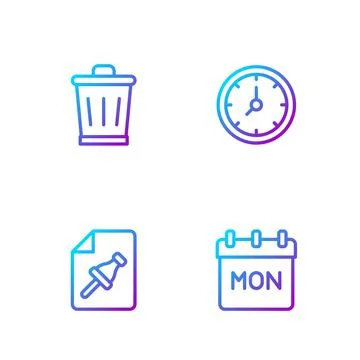 Set line Calendar, Note paper with push button, Trash can and Clock. Gradient 스톡 일러스트