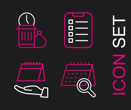 Set line Calendar search, To do list or planning and Waste of time icon. Vect Illustrazione stock