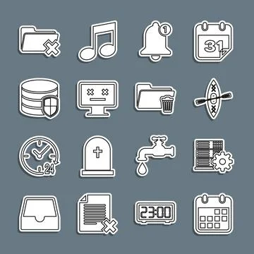 Set line Calendar, Server setting, Kayak and paddle, Bell, Dead monitor Stock Illustration