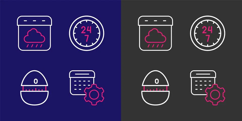 Set line Calendar settings, Kitchen timer, Clock 24 hours and autumn icon. .. Illustrazione stock