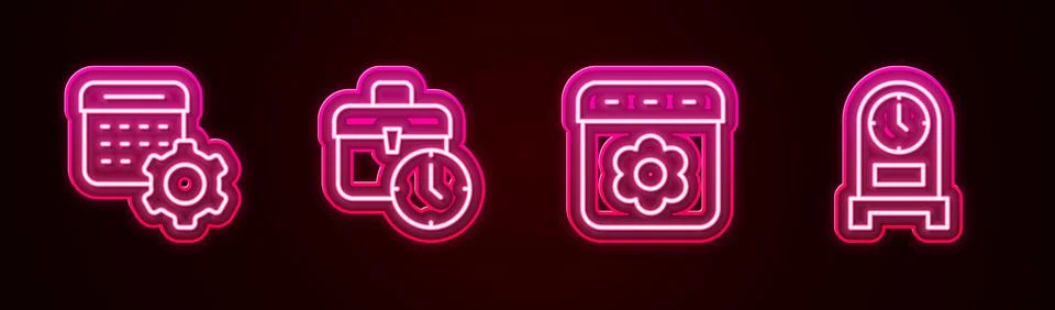 Set line Calendar settings, Work time, spring and Antique clock. Glowing neon Stock Illustration
