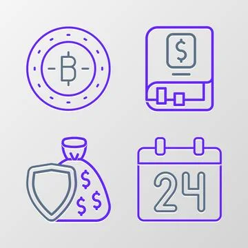 Set line Calendar, Shield and money bag, Financial book and Bitcoin icon. V.. Stock Illustration