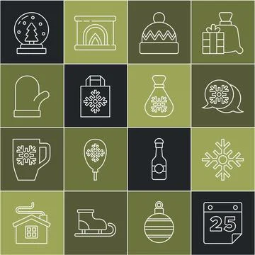 Set line Calendar, Snowflake, speech bubble, Winter hat, Christmas shopping.. Stock Illustration