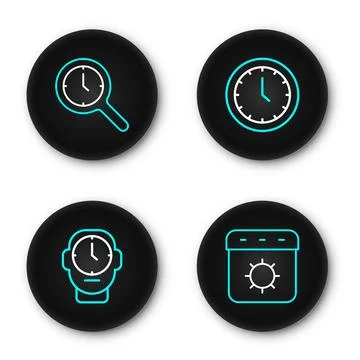 Set line Calendar summer, Clock,  and Magnifying glass with clock icon. Vecto Stock Illustration