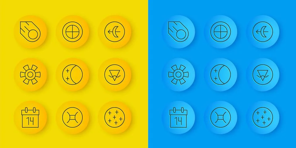 Set line Calendar, Sun, Eclipse of the sun, Full moon, Earth element, Comet,  Ilustração Stock