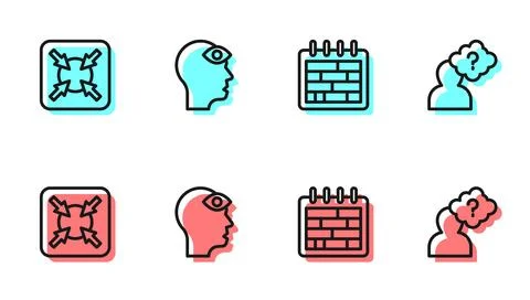 Set line Calendar, Target, Man with third eye and Head question mark icon Stock Illustration