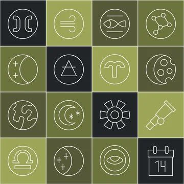 Set line Calendar, Telescope, Eclipse of the sun, Pisces zodiac, Air element Stock Illustration