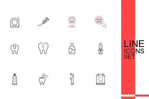 Set line Calendar with tooth, Dental floss, Tooth caries and drill, Tube of.. Stock Illustration