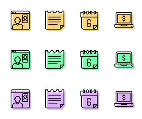 Set line Calendar, Video chat conference, Notebook and Laptop with dollar icon Stock Illustration