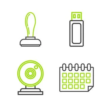 Set line Calendar, Web camera, USB flash drive and Stamp icon. Vector Illustrazione stock